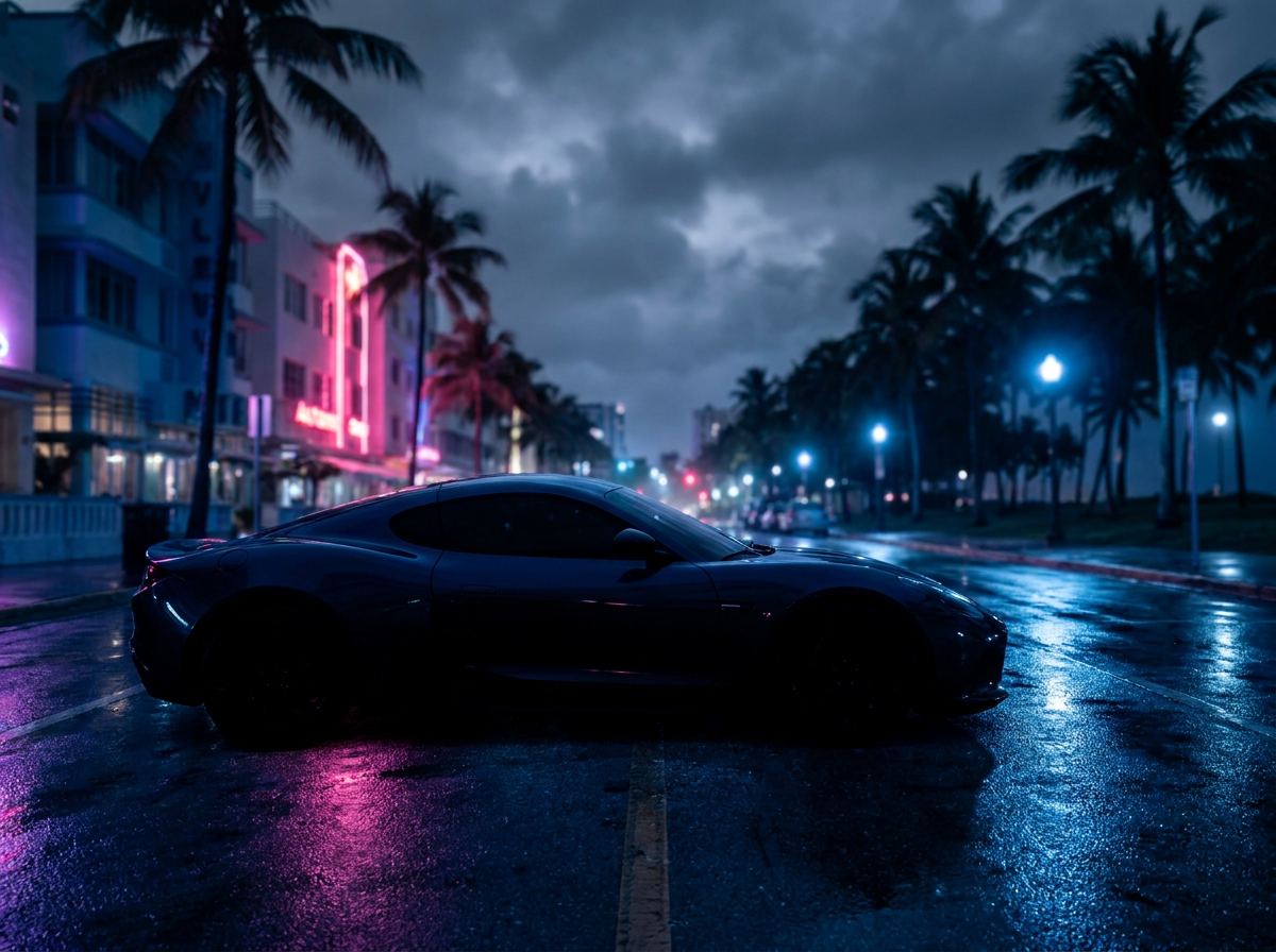 Exotic car at night, as featured on the Iconic Rentals website