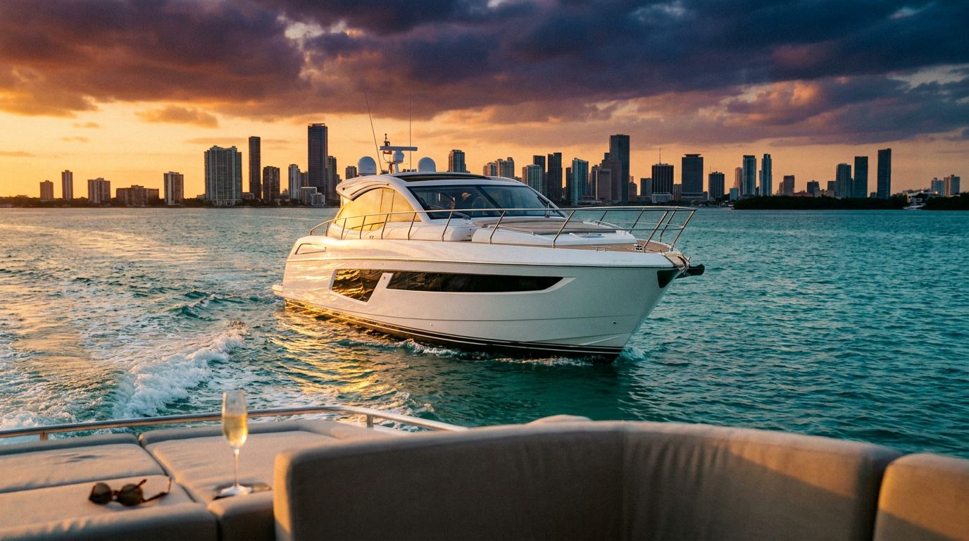 Iconic Rentals website hero — luxury yacht on the water with the Miami skyline at sunset