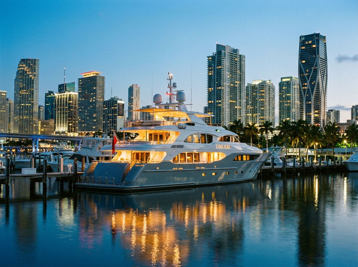 Yacht at the marina at dusk, as featured on the Iconic Rentals website